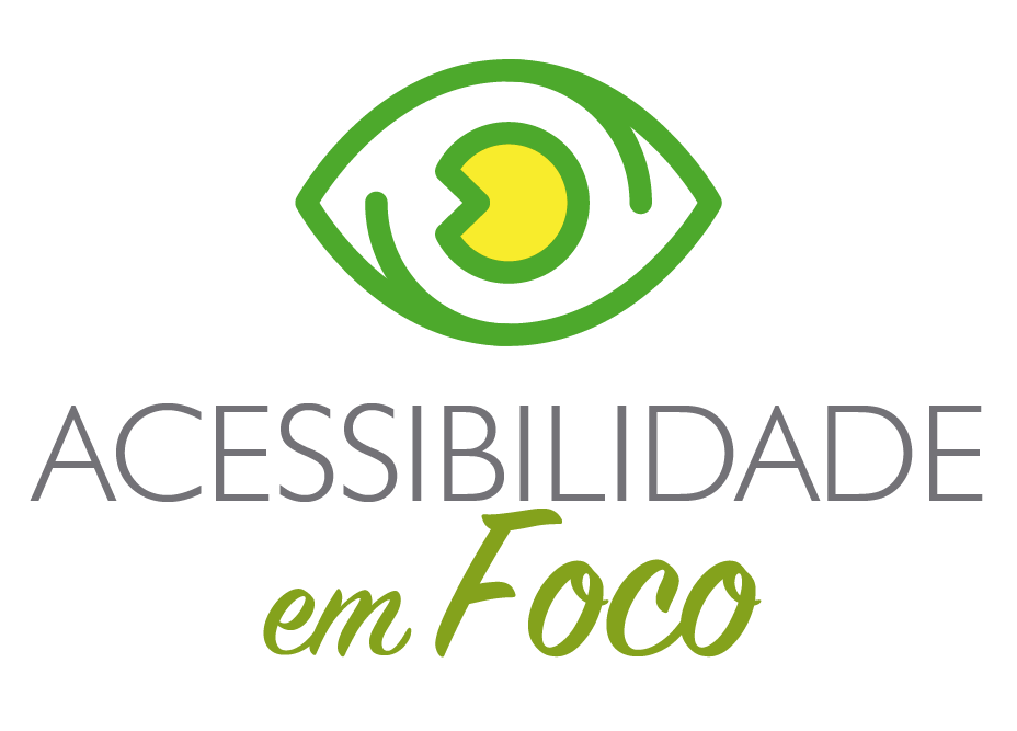 #PraCegoVer Identidade visual. No canto superior esquerdo tem a logo do site Acessibilidade em foco: Fundo cinza claro; no centro, o desenho de um olho, estilizado. O olho está desenhado com uma linha verde, grossa; a pupila, no centro, é amarela.
Abaixo, a palavra Acessibilidade está escrita no centro, em letras maiúsculas, cinzentas e em tamanho grande. Abaixo dela, também no centro, as palavras Em foco, escritas em tamanho menor, na cor verde. Elas estão inclinadas (em itálico). Fim da descrição